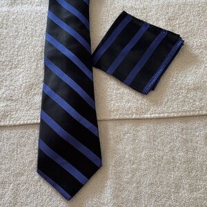 Classic Black and Blue Striped Tie and Pocket Square Set